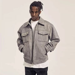 Y2K Multi Pocket Suede Cargo Zip Up Jacket