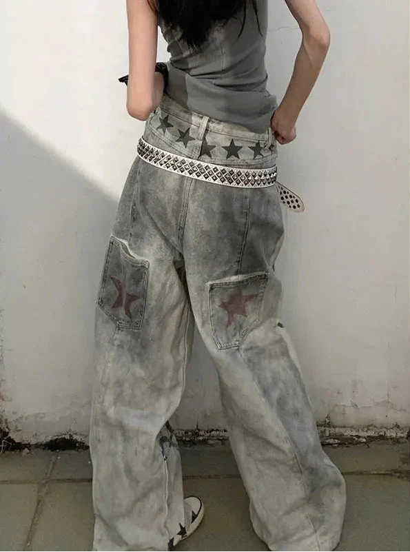 Y2K Music and Melodies Washed Grey Graphic Baggy Jeans