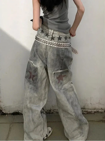 Y2K Music and Melodies Washed Grey Graphic Baggy Jeans