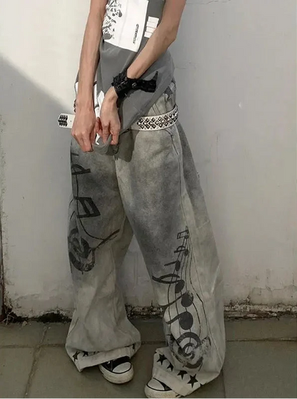 Y2K Music and Melodies Washed Grey Graphic Baggy Jeans