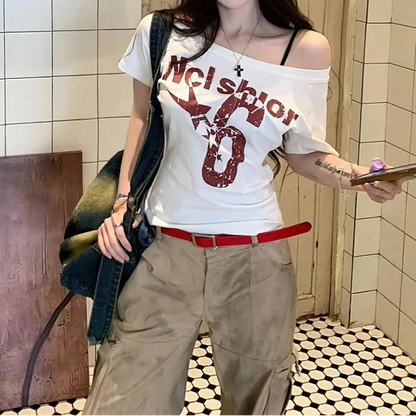 Y2K Off Shoulder Graphic T Shirt