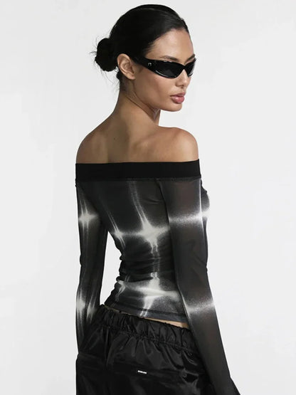 Y2K Off Shoulder Print Long Sleeve Mesh Crop Top