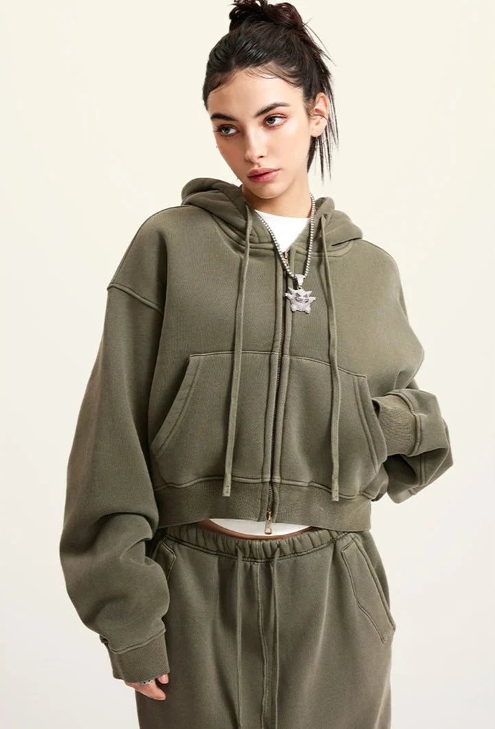 Y2K Origin 355gsm Essentials Boxy Cropped Zip Up Hoodie