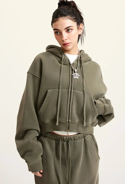 Y2K Origin 355gsm Essentials Boxy Cropped Zip Up Hoodie