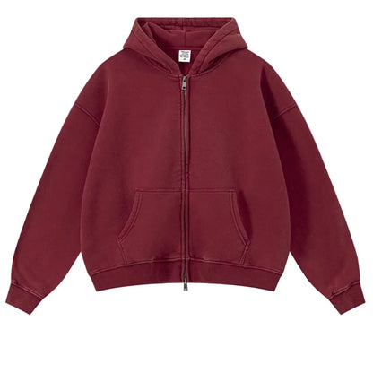 Y2K Origin 400gsm Essentials Retro Washed Boxy Fit Plain Zip Up Hoodie