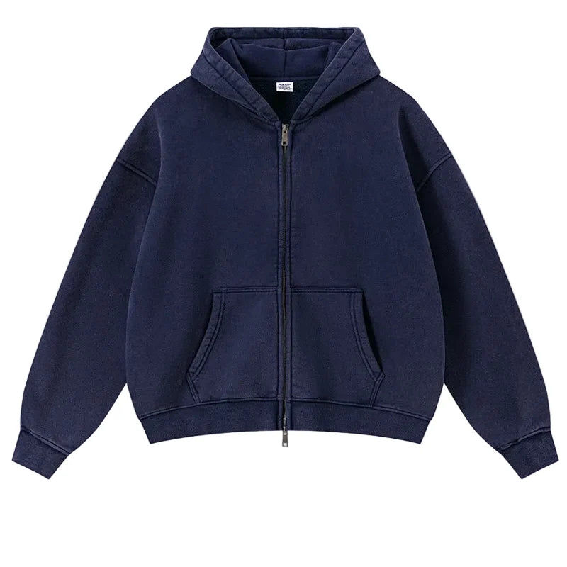 Y2K Origin 400gsm Essentials Retro Washed Boxy Fit Plain Zip Up Hoodie