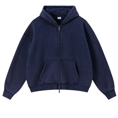 Y2K Origin 400gsm Essentials Retro Washed Boxy Fit Plain Zip Up Hoodie