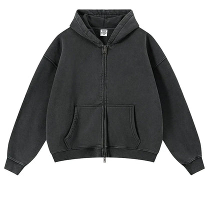 Y2K Origin 400gsm Essentials Retro Washed Boxy Fit Plain Zip Up Hoodie