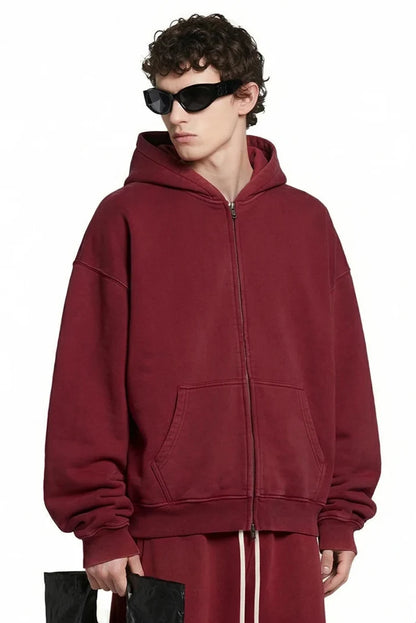 Y2K Origin 400gsm Essentials Retro Washed Boxy Fit Plain Zip Up Hoodie
