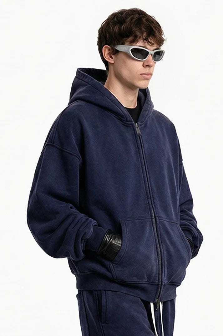 Y2K Origin 400gsm Essentials Retro Washed Boxy Fit Plain Zip Up Hoodie