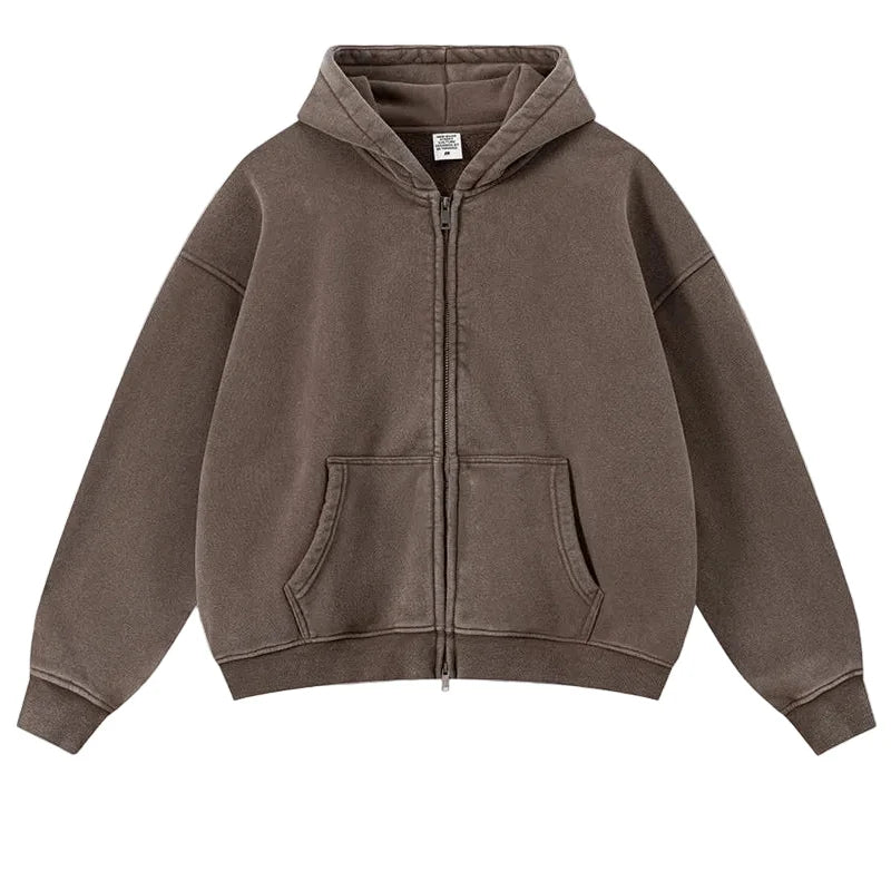 Y2K Origin 400gsm Essentials Retro Washed Boxy Fit Plain Zip Up Hoodie