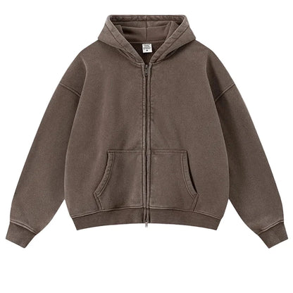 Y2K Origin 400gsm Essentials Retro Washed Boxy Fit Plain Zip Up Hoodie