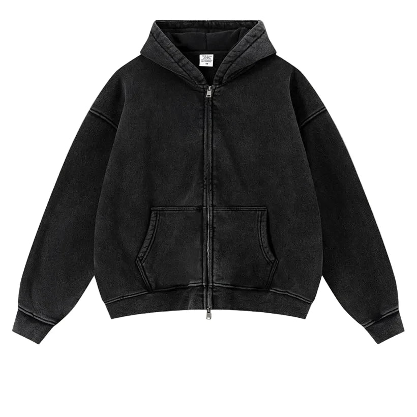 Y2K Origin 400gsm Essentials Retro Washed Boxy Fit Plain Zip Up Hoodie