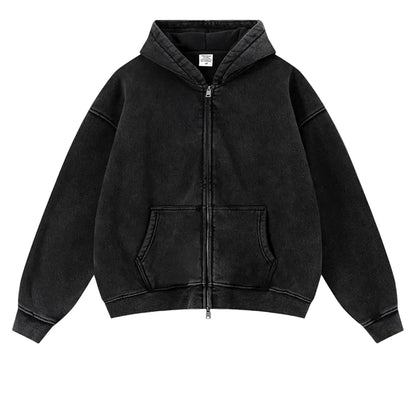 Y2K Origin 400gsm Essentials Retro Washed Boxy Fit Plain Zip Up Hoodie