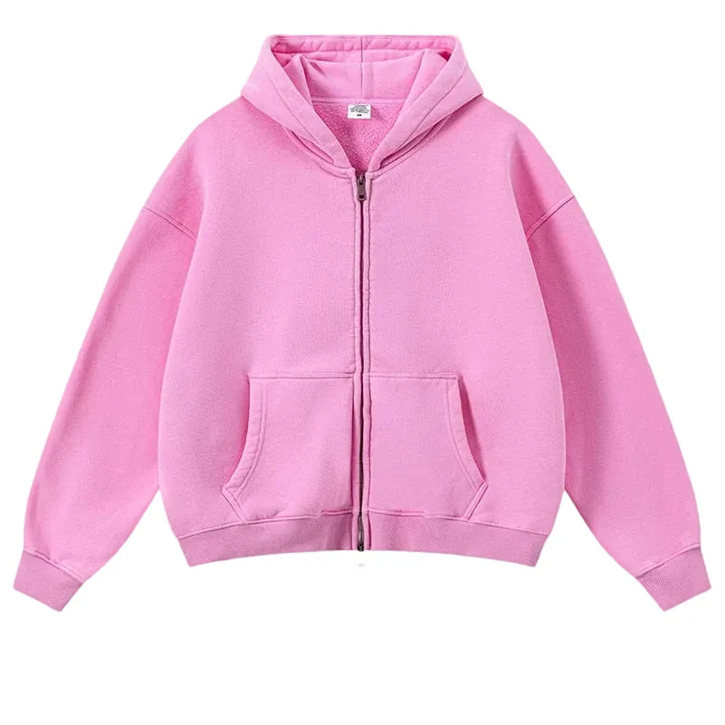 Y2K Origin 400gsm Essentials Retro Washed Boxy Fit Plain Zip Up Hoodie