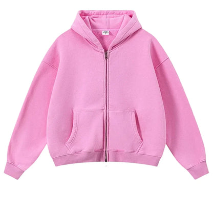 Y2K Origin 400gsm Essentials Retro Washed Boxy Fit Plain Zip Up Hoodie
