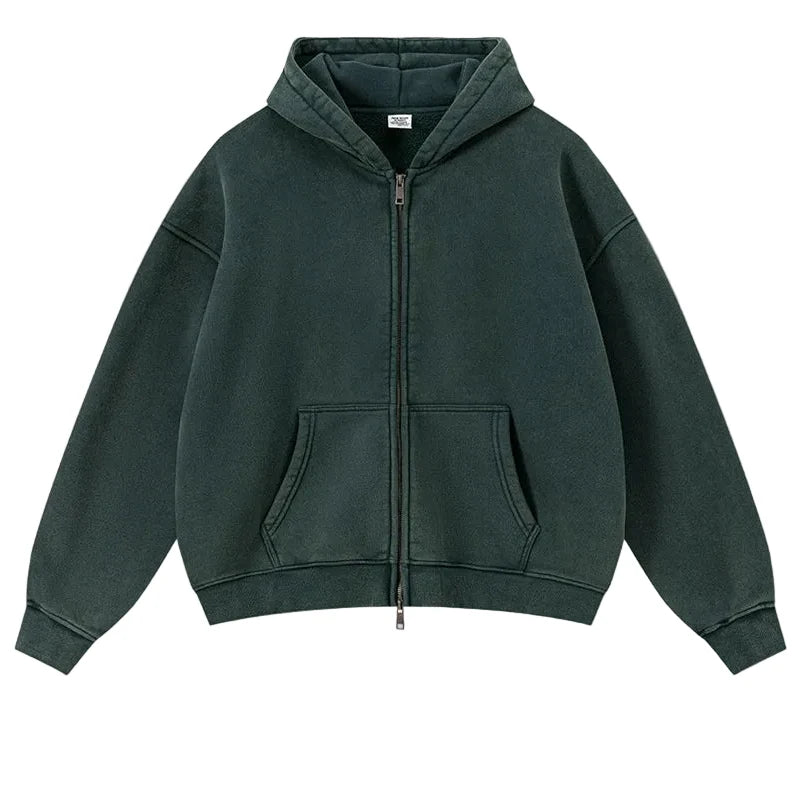 Y2K Origin 400gsm Essentials Retro Washed Boxy Fit Plain Zip Up Hoodie