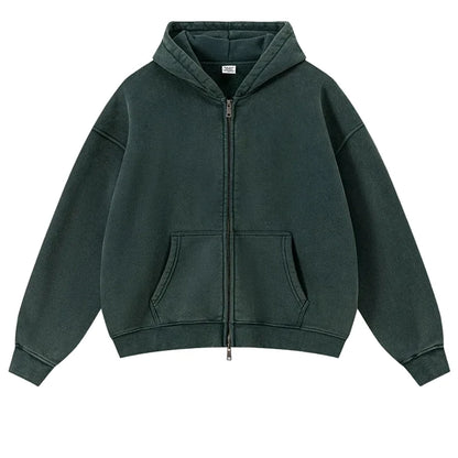 Y2K Origin 400gsm Essentials Retro Washed Boxy Fit Plain Zip Up Hoodie