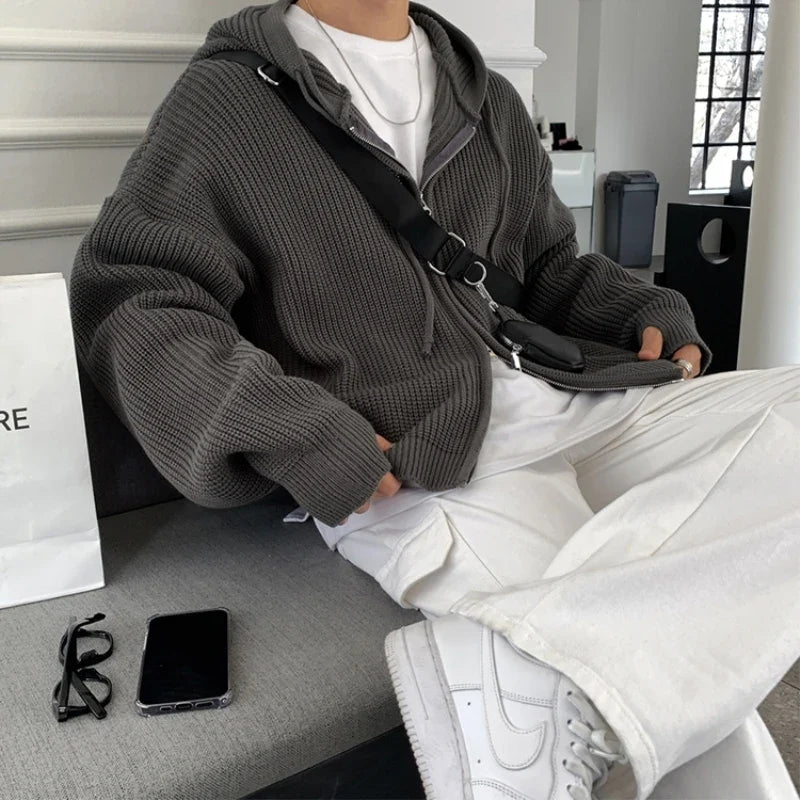 Y2K Oversized Knit Hooded Zip Up Cardigan