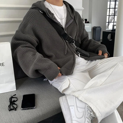 Y2K Oversized Knit Hooded Zip Up Cardigan
