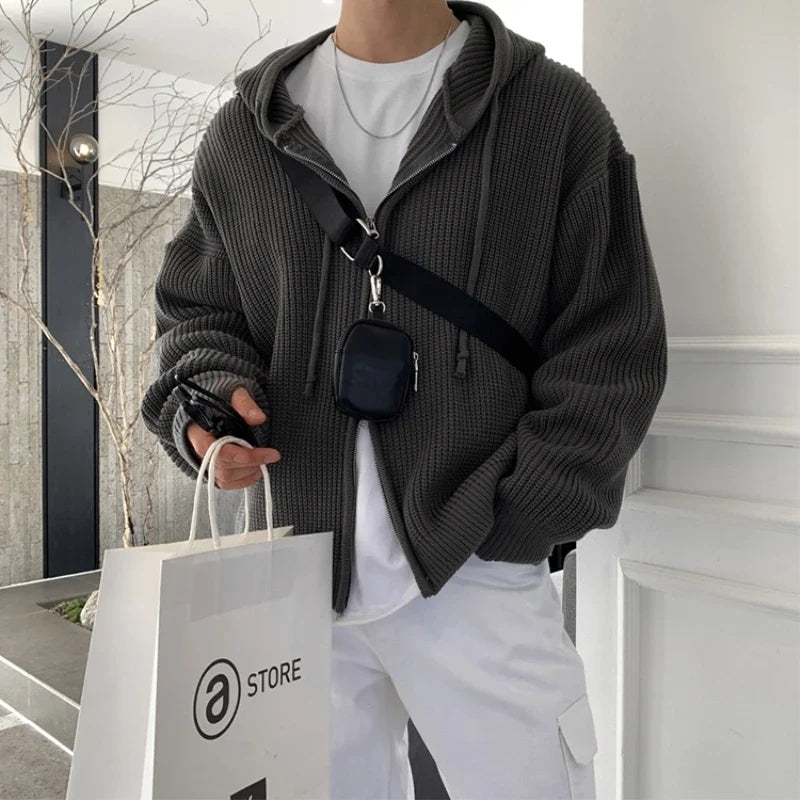 Y2K Oversized Knit Hooded Zip Up Cardigan