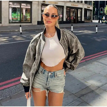 Y2K Oversized Leather Bomber Jacket