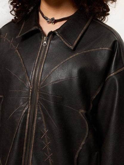 Y2K Oversized Patchwork Butterfly Faux Leather Jacket