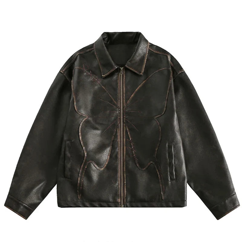 Y2K Oversized Patchwork Butterfly Faux Leather Jacket