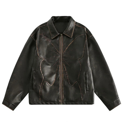 Y2K Oversized Patchwork Butterfly Faux Leather Jacket