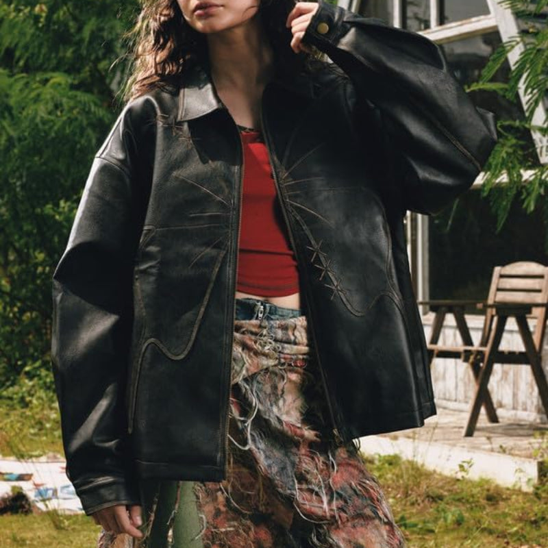 Y2K Oversized Patchwork Butterfly Faux Leather Jacket