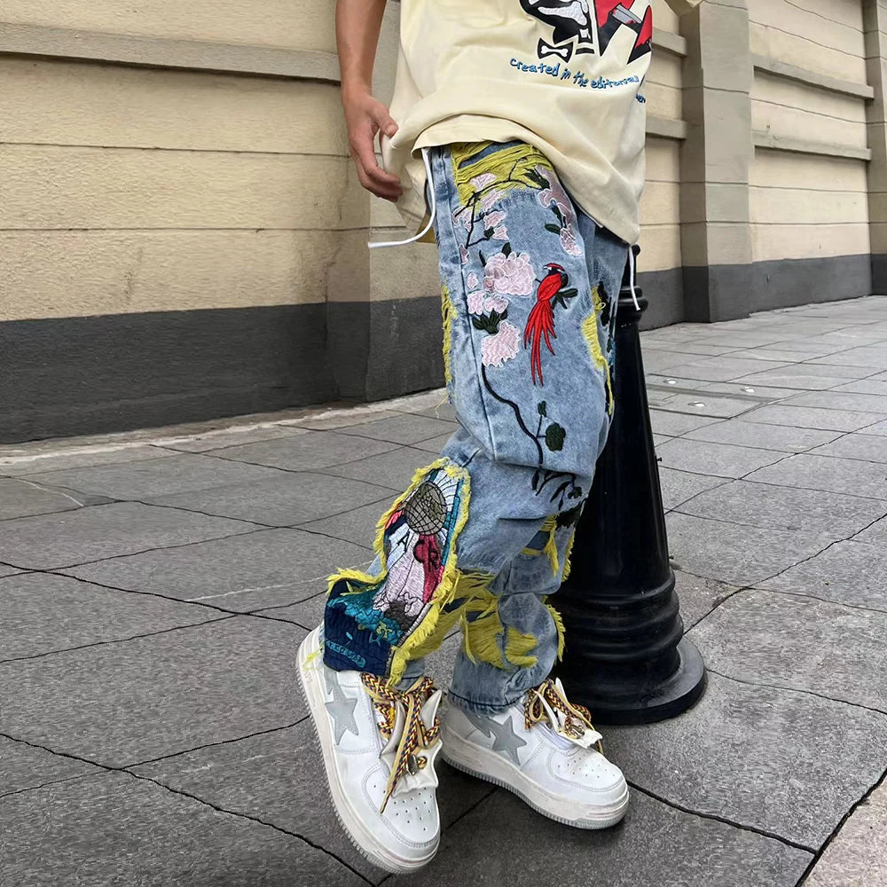 Y2K Painting Embroidered Denim Ripped Distressed Jeans