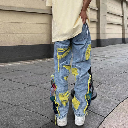 Y2K Painting Embroidered Denim Ripped Distressed Jeans