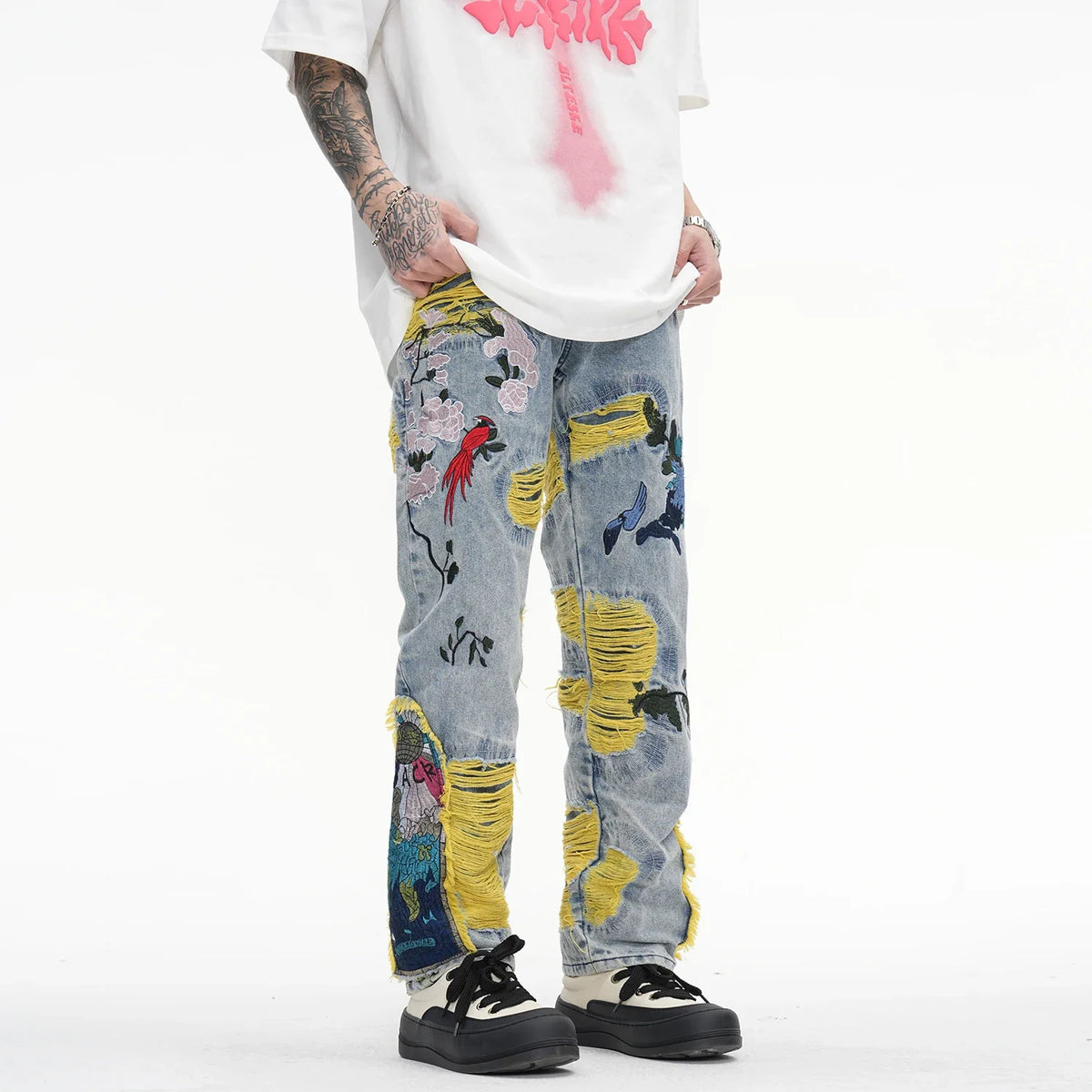 Y2K Painting Embroidered Denim Ripped Distressed Jeans