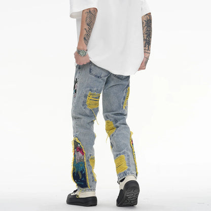 Y2K Painting Embroidered Denim Ripped Distressed Jeans