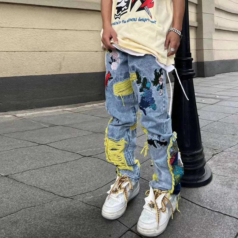 Y2K Painting Embroidered Denim Ripped Distressed Jeans