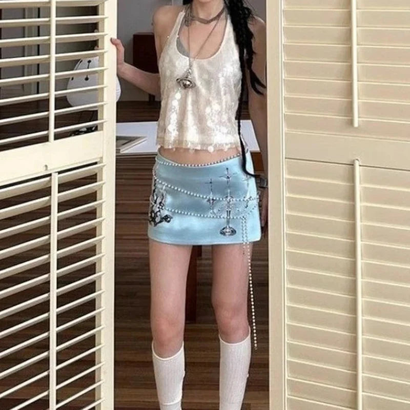 Y2K Pearlescent Blue Candle Graphic Mini Skirt