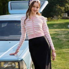 Y2K Pink Striped Knit Collar Cardigan