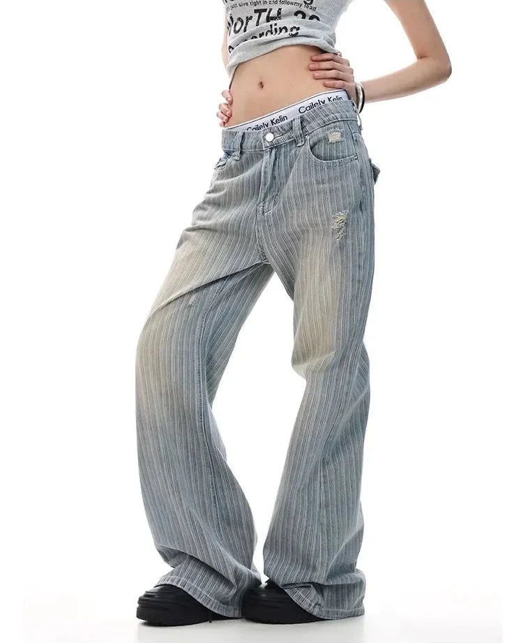 Y2K Pinstripe Micro Flared Distressed Jeans
