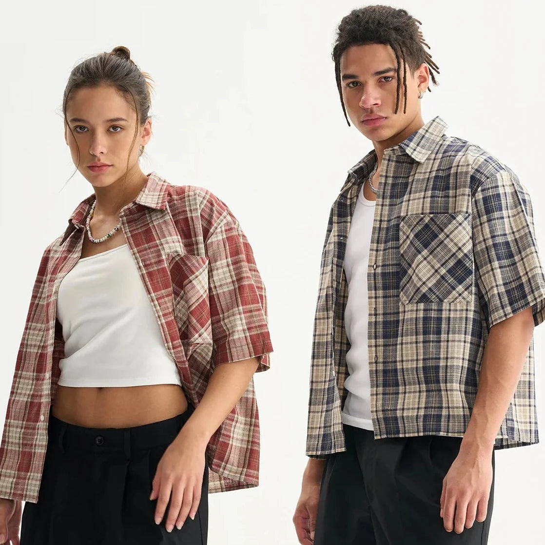 Y2K Plaid Cropped Short Sleeve Button Down Shirt