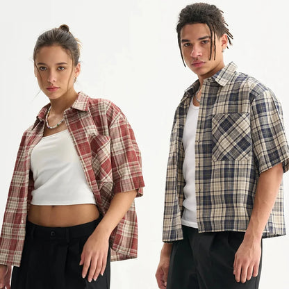 Y2K Plaid Cropped Short Sleeve Button Down Shirt