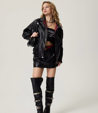 Y2K Plaid Patchwork Faux Leather Reversible Jacket