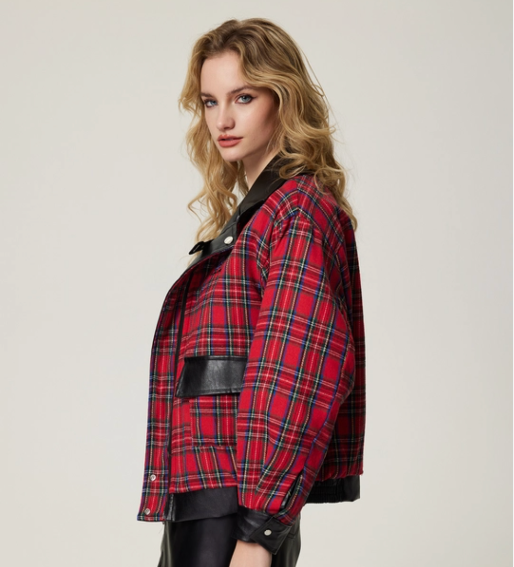Y2K Plaid Patchwork Faux Leather Reversible Jacket
