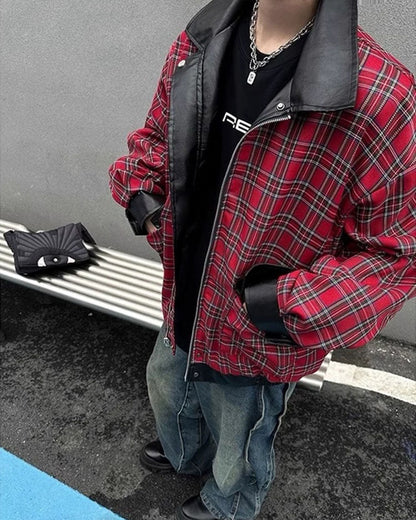 Y2K Plaid Patchwork Faux Leather Reversible Jacket