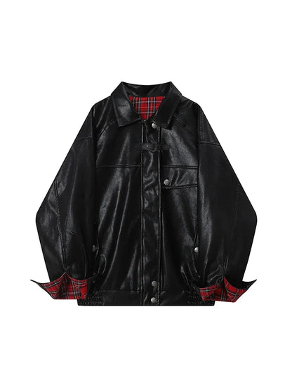 Y2K Plaid Patchwork Faux Leather Reversible Jacket