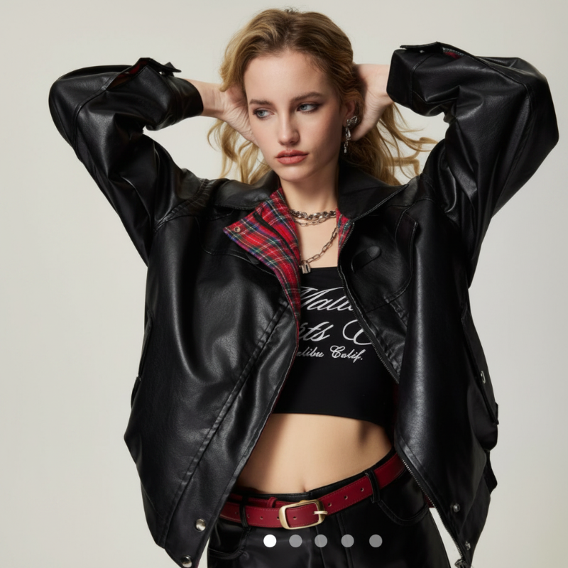 Y2K Plaid Patchwork Faux Leather Reversible Jacket