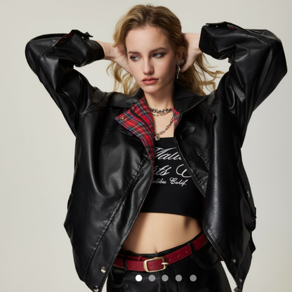 Y2K Plaid Patchwork Faux Leather Reversible Jacket