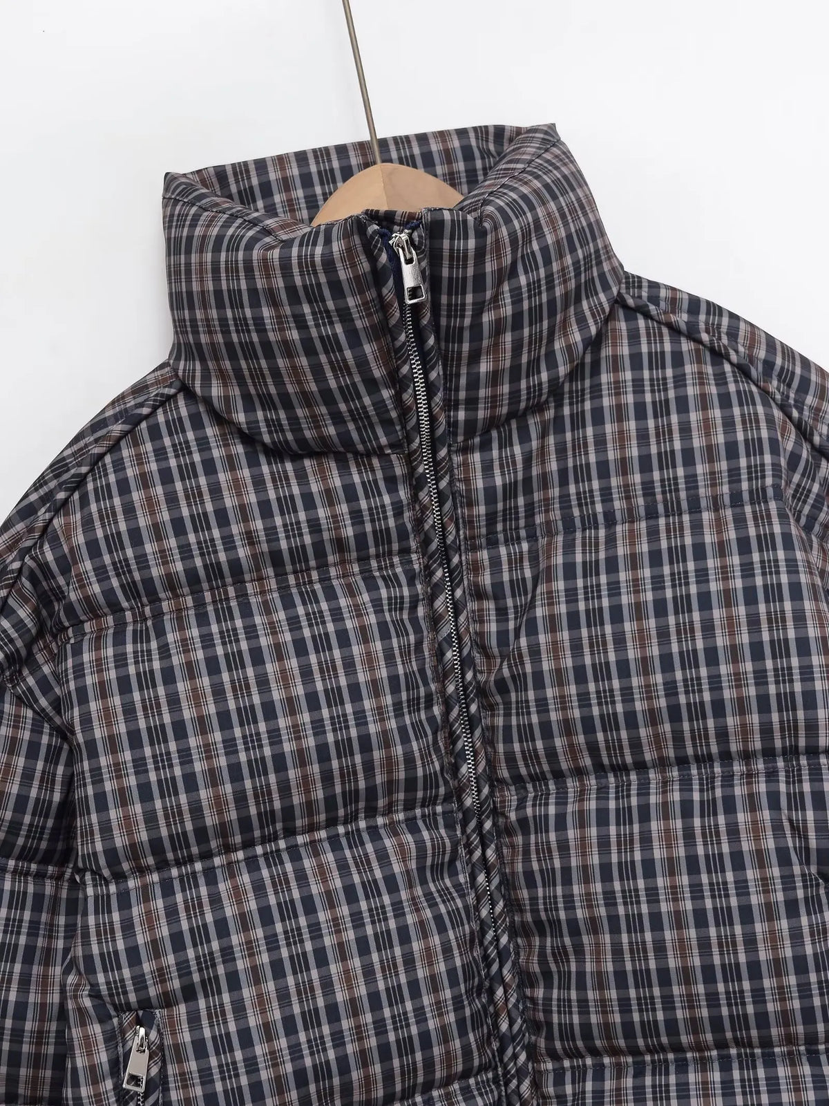 Y2K Plaid Stand Collar Padded Puffer Jacket Coat