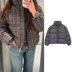 Y2K Plaid Stand Collar Padded Puffer Jacket Coat