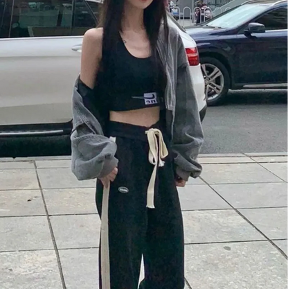 Y2K Pleated Baggy Cropped Denim Zip Up Jacket
