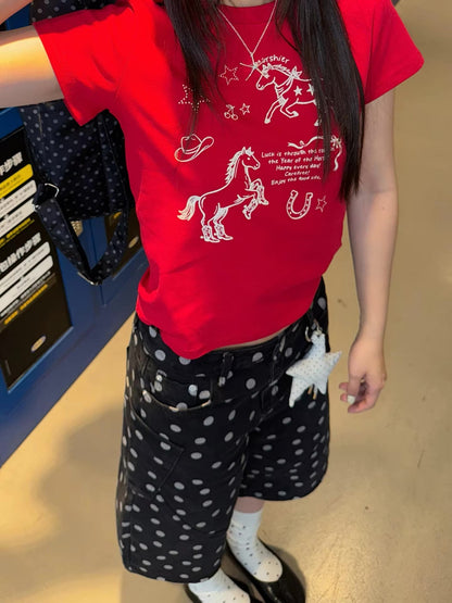 Y2K Polka Dot Graphic Wide Leg Shorts Jorts